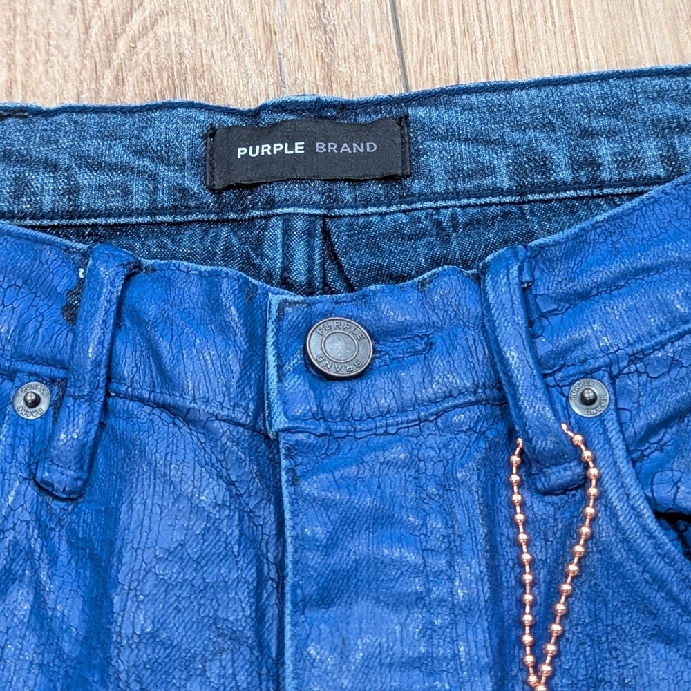$275 Mens PURPLE BRAND Paint Job Crackled Coated Skinny Jeans Blue 34 - Picture 3 of 8
